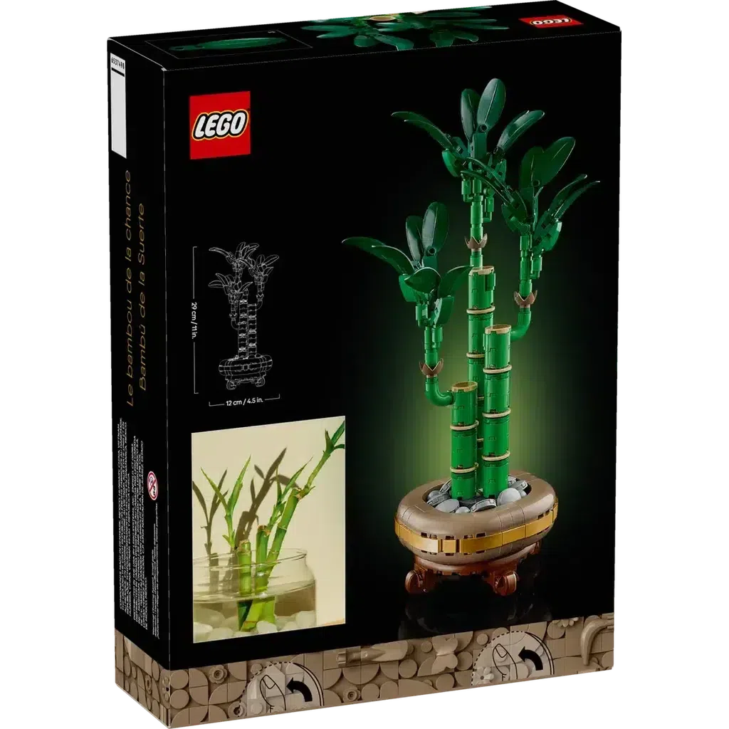 LEGO set box featuring a bamboo plant model with green stalks and leaves. Dimensions and smaller image of the model in a pot are shown on the box.