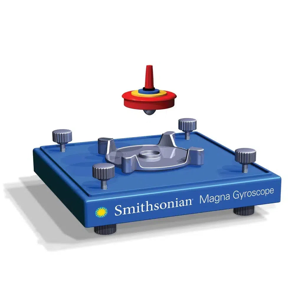 Toy gyroscope levitating above a blue base labeled "Smithsonian Magna Gyroscope," featuring adjustable knobs, powered by magnetic forces.