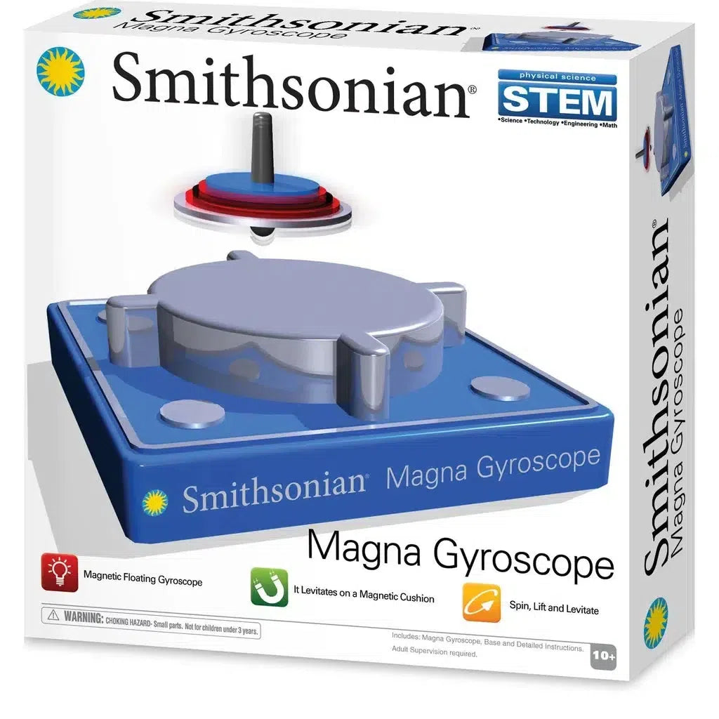 Smithsonian Magna Gyroscope toy box includes a magnetic floating gyroscope with features for levitation, spin, lift, and latitude adjustment. Perfect for young explorers ages 10 and up fascinated by the magic of magnets.