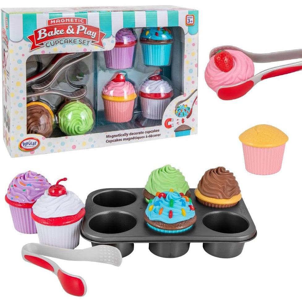 The Bakery Pretend Play cupcake toy set features decorative frosting, a tray, and utensils in playful colors, all beautifully displayed in packaging. Perfect for magnetic bake &amp; play adventures!