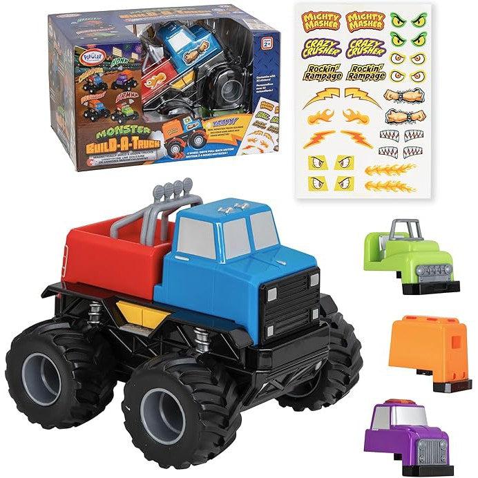 Introducing the Magnetic Monster Truck Building Kit: a toy car set featuring a blue and red body, various accessories, sticker sheet, and packaging. Perfect for mini vehicle enthusiasts!