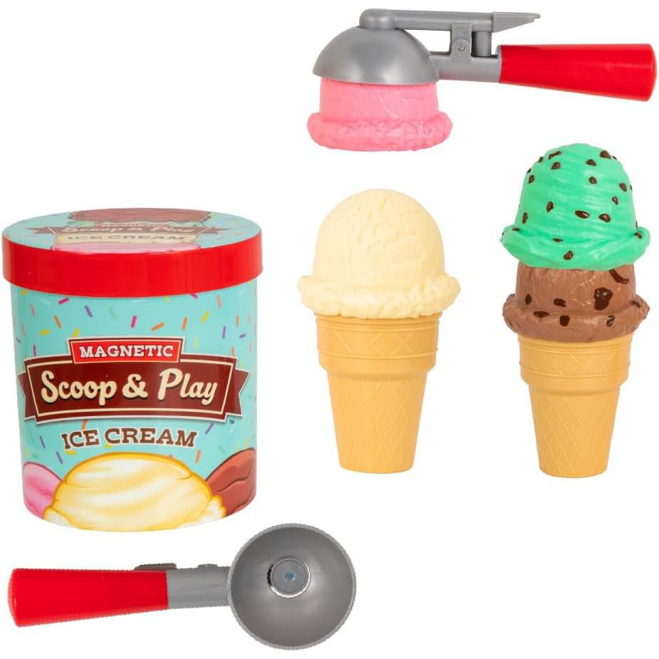 This Play Ice Cream Toy set features a container, two cones topped with vibrant plastic scoops in pink, vanilla, and mint chocolate. Perfect for Toys &amp; Games enthusiasts, it includes a magnetic scoop that adds an extra layer of fun to your imaginative play sessions.