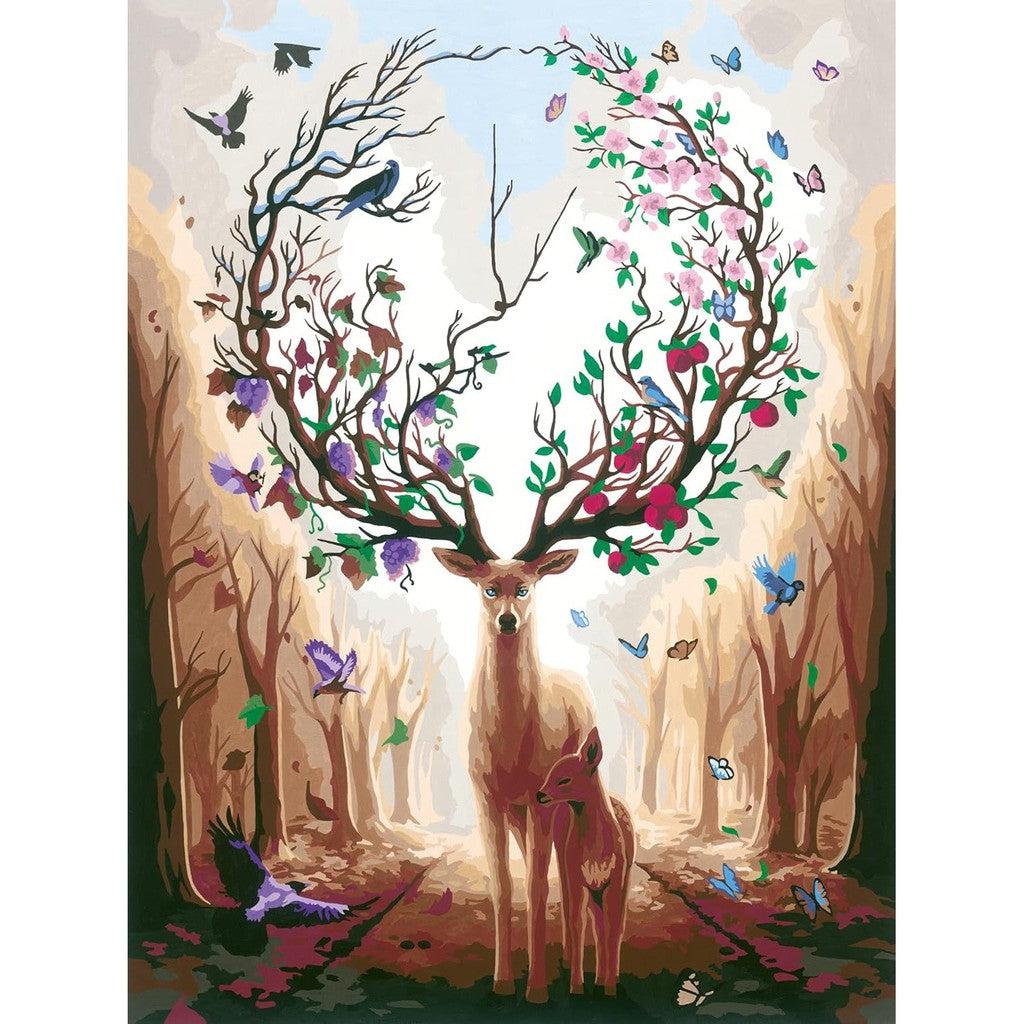 In a magnificent encounter, a deer stands with a fawn in the forest, surrounded by colorful butterflies. The deer's large antlers resemble tree branches adorned with leaves and flowers,