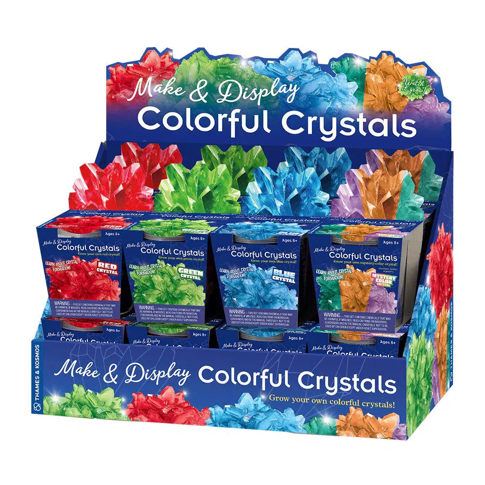 A display of colorful diy crystal kits. Each kit comes in one color