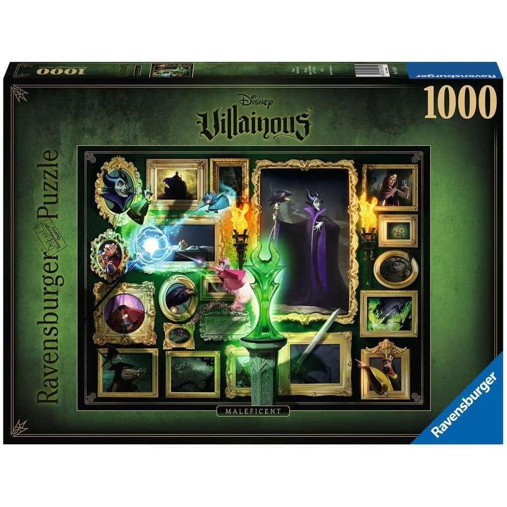 Experience the enchanting challenge of the Ravensburger Disney Villainous 1000-piece Jigsaw Puzzle. Featuring Maleficent and other iconic Disney villains framed in ornate designs against a dark, captivating background, this puzzle promises hours of magical intrigue for fans and puzzlers alike.