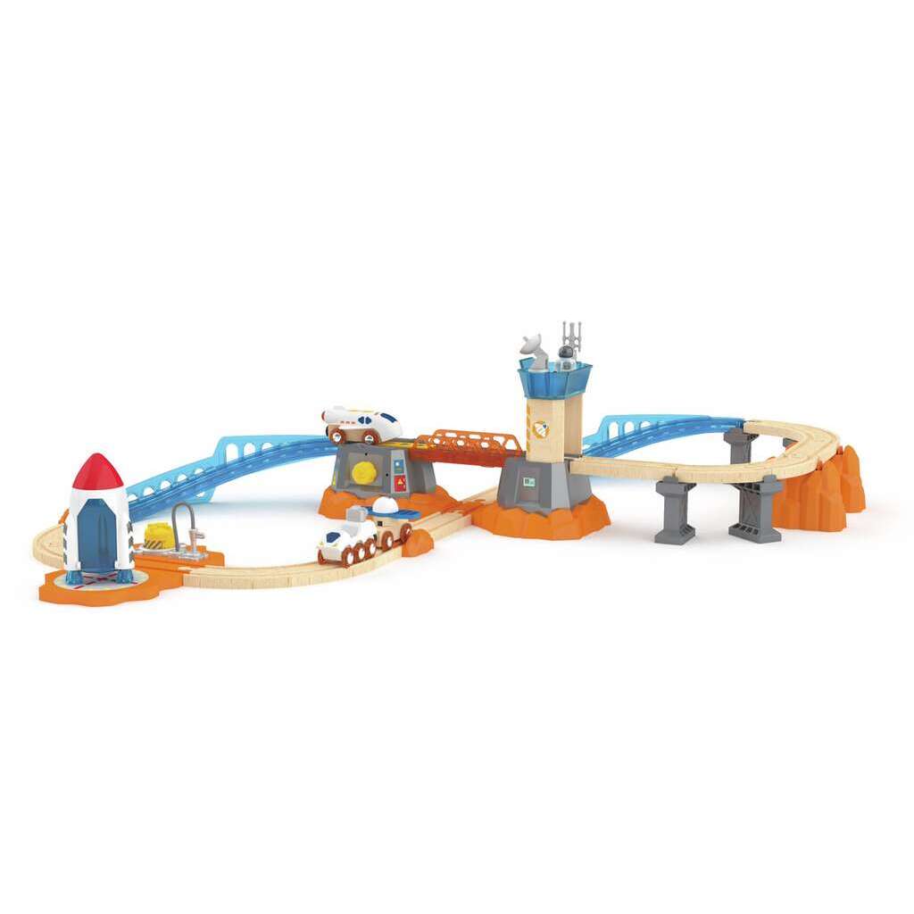 A wooden toy space-themed train set features tracks, a rocket, vehicles, and tall structures. With the thrill of Mars Mission railway excitement, it even includes a bridge on a stand.