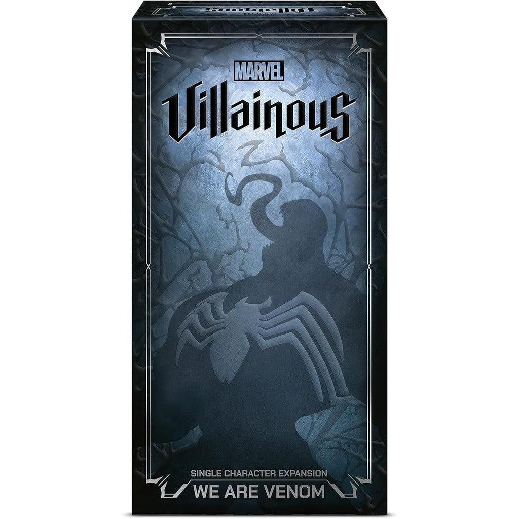 The image shows a box for a Marvel Villainous expansion pack featuring Venom. The box has a silhouette of Venom with a dark, eerie background and text indicating "We Are Venom."