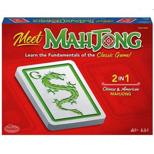 Front cover of the ThinkFun Meet Mahjong board game box. It features a large Mahjong tile with a dragon image, and text noting it includes both Chinese and American Mahjong. Suitable for ages 8 and up, for 4 players. This family board game enhances memory skills for players of all ages.