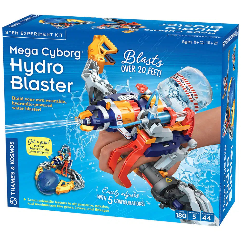 The Mega Cyborg Hydro Blaster STEM kit packaging showcases the ultimate weapon for water battles—a hydraulic-powered, wearable blaster. Suitable for ages 8-99, it includes instructions and features multiple configurations for endless fun.