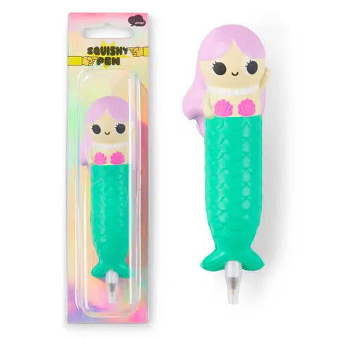 A squishy mermaid shaped-pen shown next to her packaging. Mermaid has a green tail and pink hair