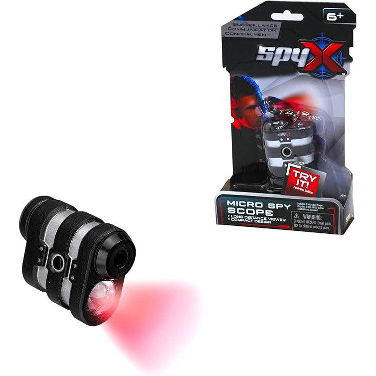 The SpyX Micro Spy Scope toy, a must-have in spy gadgets, is shown both in packaging and separately. Featuring a lens with a red light, this mini monocular is perfect for young detectives aged 6 and up.