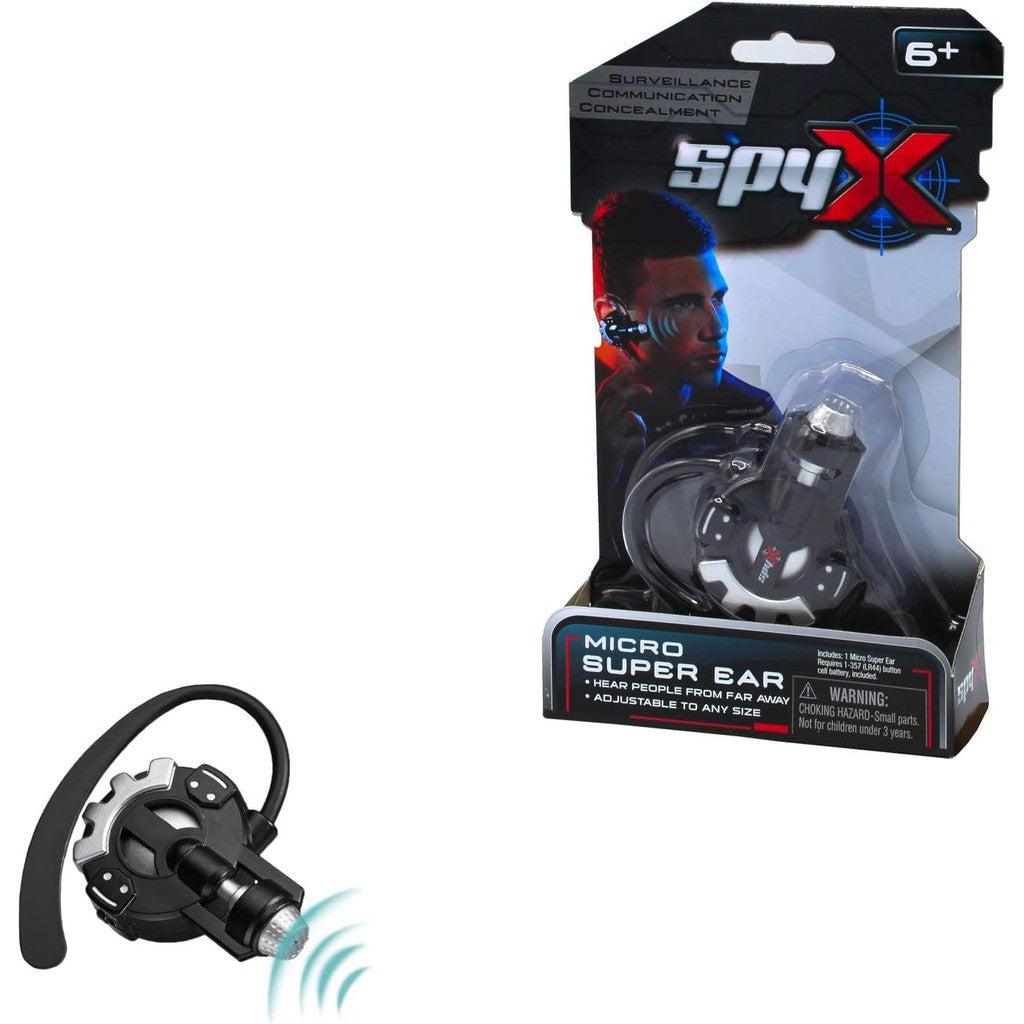 The SpyX Micro Sonic Listener packaging features an image of the sleek device outside the box. This essential addition to any collection of spy gadgets is designed for surveillance and communication, perfect for young agents aged 6 and up.