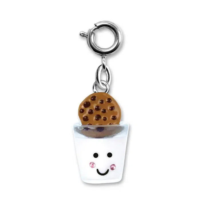 A delightful snack charm featuring a smiling milk glass with a cookie on top, complete with a clasp for attachment. Perfect for adding to your charm bracelet and personalizing your collection with style.