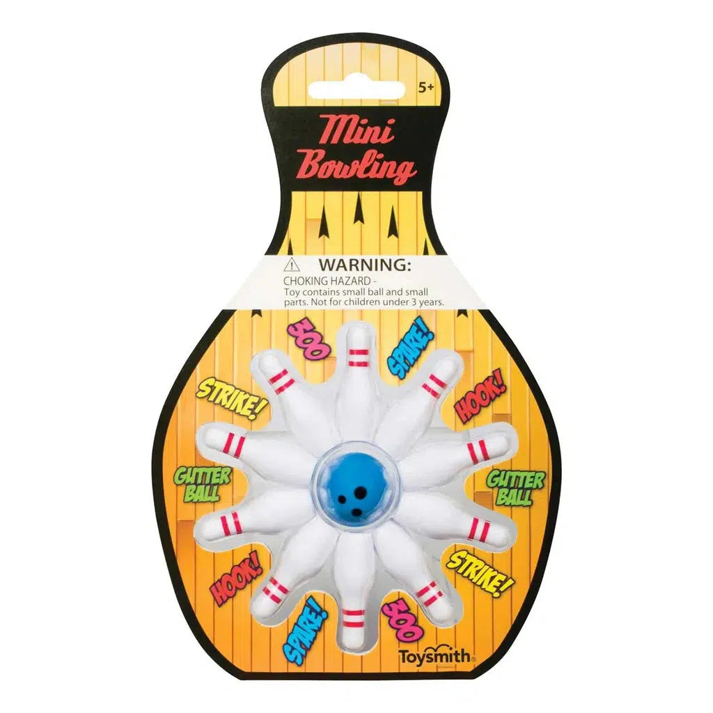 This Toysmith Mini Bowling game set features a fun bowling pins and ball arrangement with vibrant packaging. With "Strike!" and "Gutter Ball" text, it’s a miniature game perfect for ages 5 and up. Includes a warning label on choking hazards.