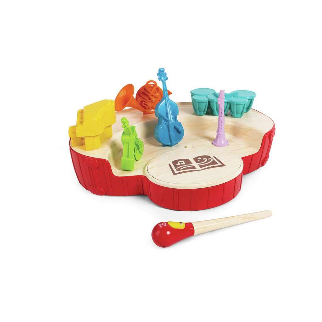 The Hape Mini Conductor is a vibrant kids musical toy featuring colorful miniature instruments like drums, a trumpet, guitar, saxophone, and microphone on a red and beige base. Perfect for educational fun, it also includes a conductor's wand in the foreground.