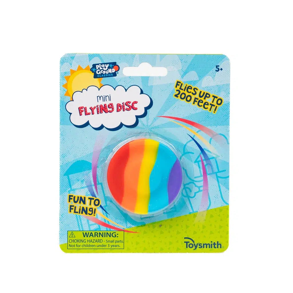 The Toysmith mini flying disc, part of the Playground Classics line, boasts a vibrant rainbow design and promises fun for kids aged 5 and up. Its packaging highlights its ability to enhance hand-eye coordination and offers an impressive fling range of up to 200 feet.