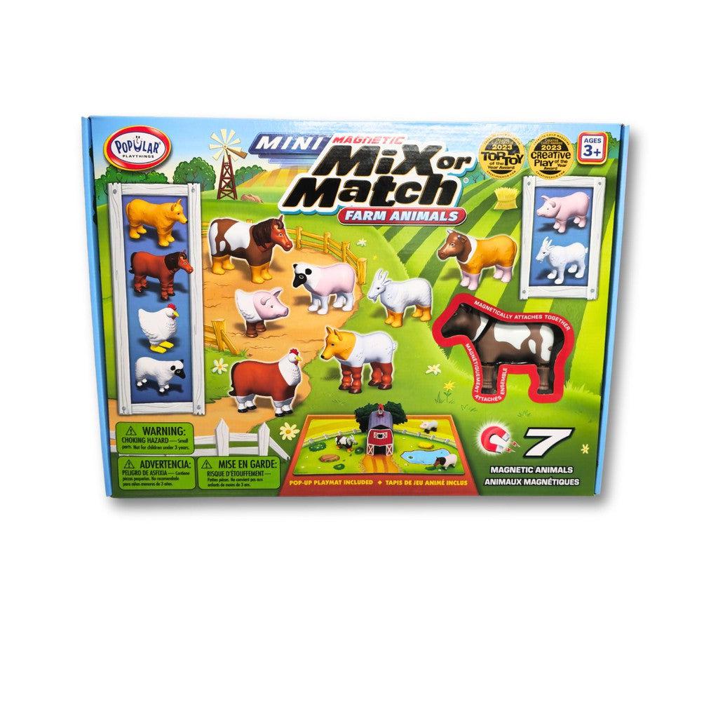 this image shows the box for the mini mix or match farm animals. there are 7 magnetic animals inside.