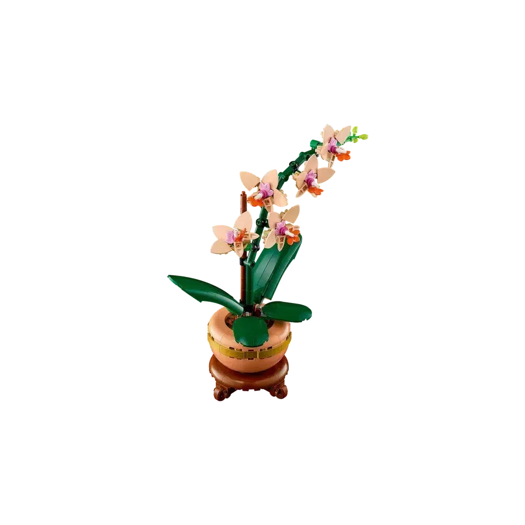 Experience the creativity of a realistic LEGO flower model with an orchid, showcasing pink and white blossoms elegantly displayed in a beige and brown pot.