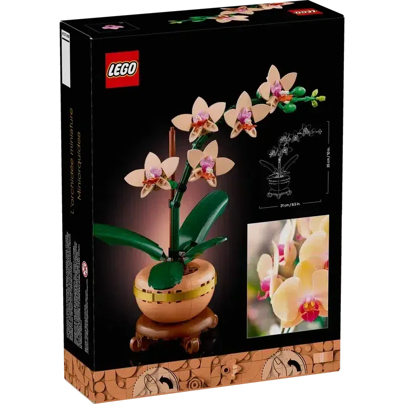 LEGO set box showcasing a miniature orchid model. The box illustrates the constructed LEGO flower, highlighting its dimensions and creative design elements.