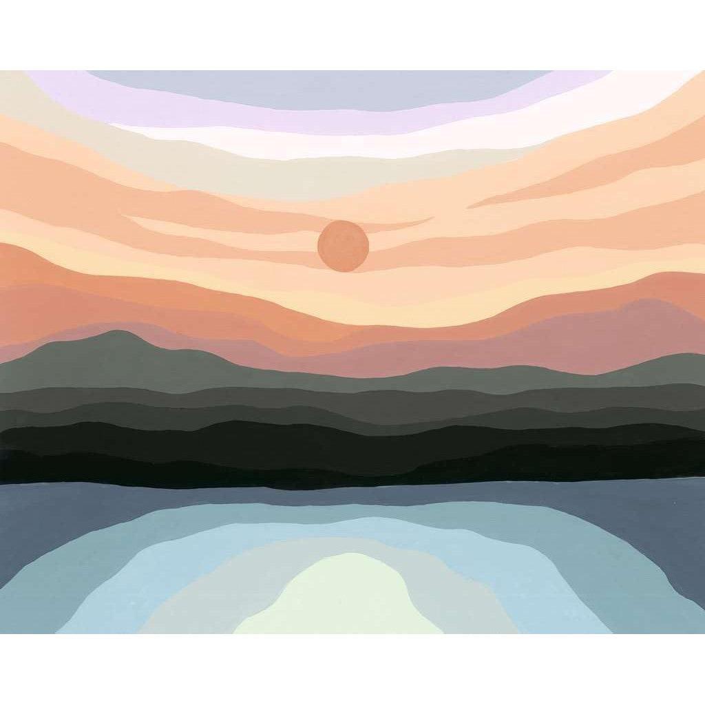 Discover the minimalist charm of this abstract landscape, where layered shapes in earthy tones portray mountains, a sunset, and a tranquil body of water. Inspired by the elegance of Painting Arts and Crafts