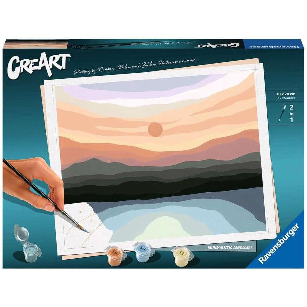 A person engages with a Ravensburger Minimalistic Landscape Paint by Numbers kit, bringing to life a colorful scene of hills and a sunset mirrored on water. The branding adds a touch to this relaxing dive into painting arts and crafts.