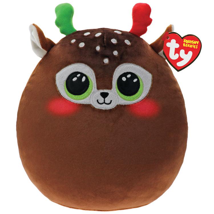 Image of the Minx Squishy Reindeer plush. It is a brown reindeer with green eyes, rosy cheeks, and one green and one red antler.