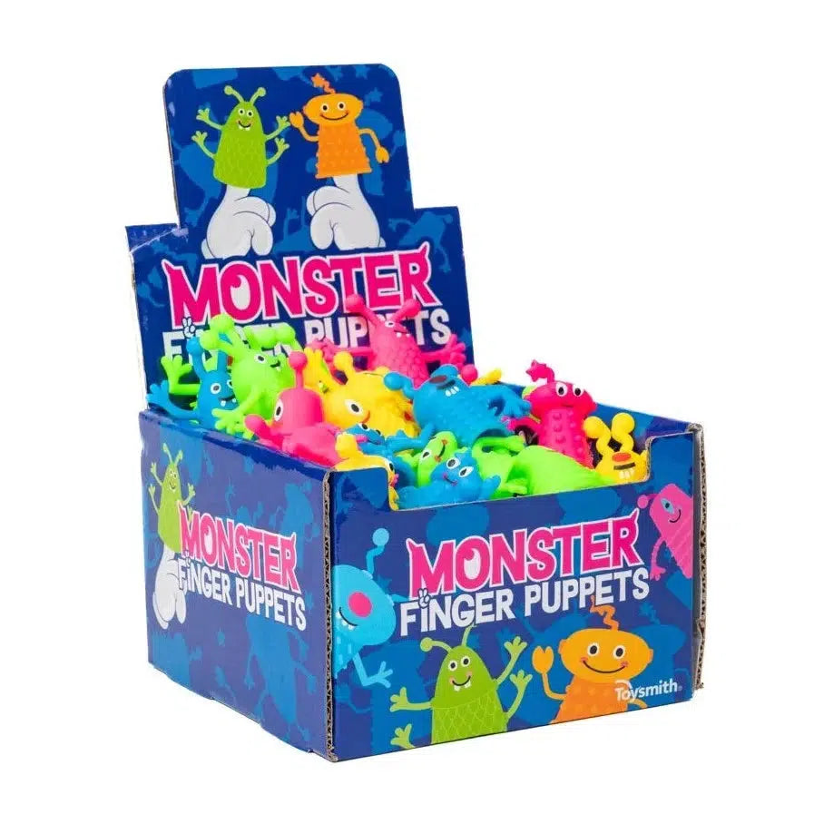 A box of vibrant silicone finger puppets shaped like toy monsters on display.