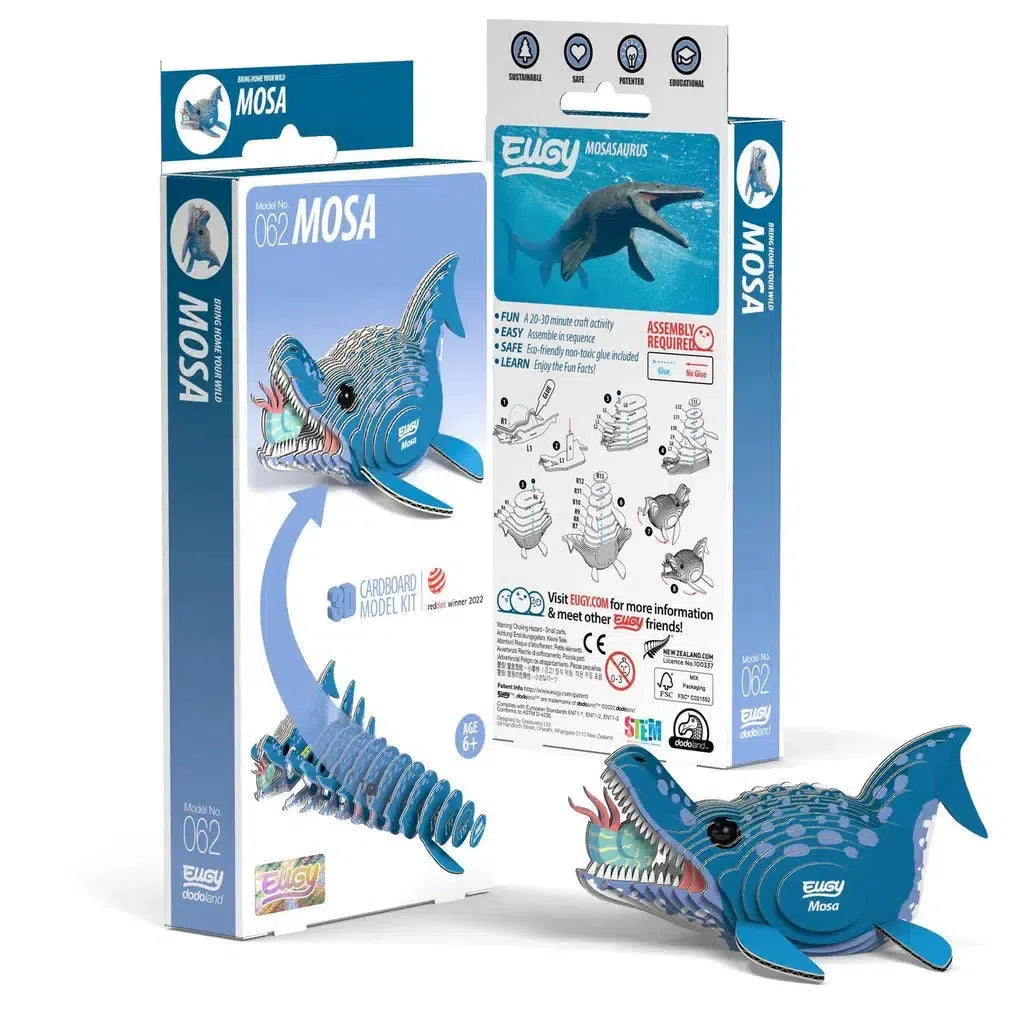 EUGY Mosasaurus cardboard model kit packaging showcases an eco-friendly 3D puzzle of the sea creature, complete with assembly instructions and product details.