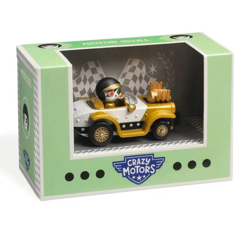 A toy figure wearing a helmet drives a retro-styled car with an ultrasonic metallic paint finish, boxed with "Crazy Motors" branding on a green package.