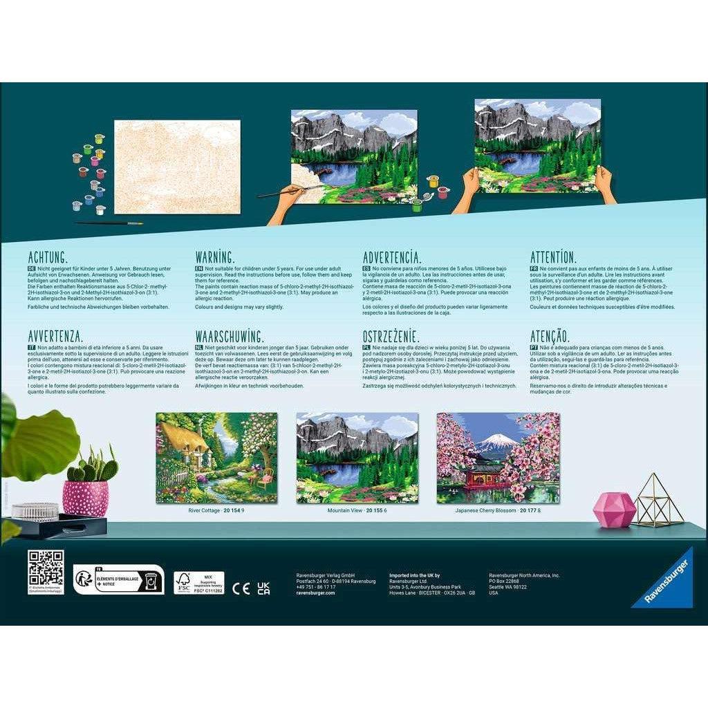 Instructions for the Ravensburger CreArt painting kits feature images of completed landscapes above multilingual warnings and safety notices, bringing a touch of artistic flair to the Mountain View Paint by Numbers collection.