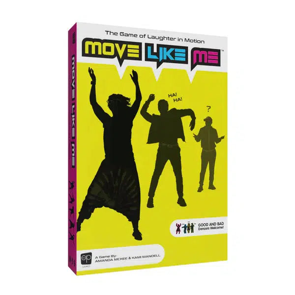 A brightly colored box for the game "Move Like Me," featuring illustrations of people in motion and laughing against a vibrant yellow background – perfect for a group game.