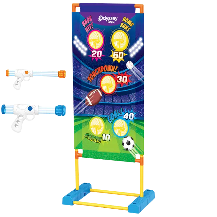 Toy football and soccer target game perfect for family play, with scoring sections for base hit, home run, touchdown, and goal. This indoor/outdoor game includes two toy cannons for launching foam balls.