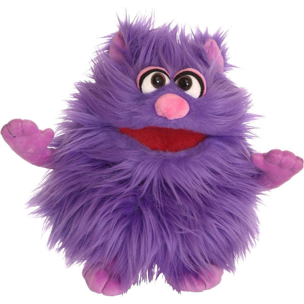 Mugs the purple puppet is fluffy and is a soft, round friendly creature