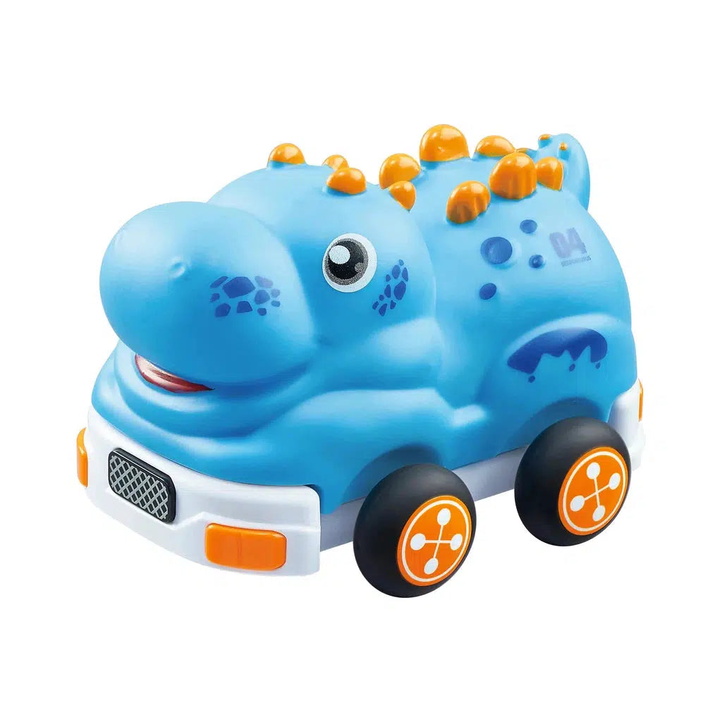 A blue dinosaur toy car with orange spikes and black wheels, featuring a smiling face and playful design. With components perfect for 3+ drivers, it's an exciting way to introduce little ones to the joy of cars.