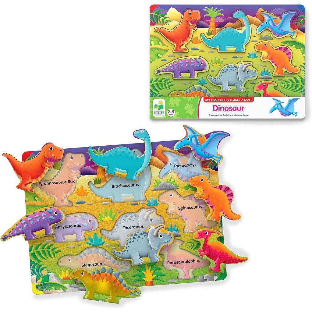 this image shows the play puzzle for children. the 8 dinosaur pieces all have labels and outlines to be placed in.