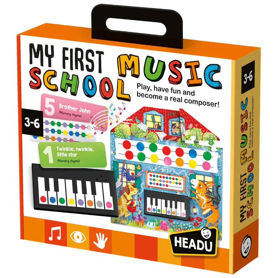 A colorful box labeled "My First Music School" featuring an interactive children's music kit for ages 3-6, including a teaching keyboard and illustrated musical score cards for songs like "Brother John" and "Twinkle, Twinkle, Little Star.