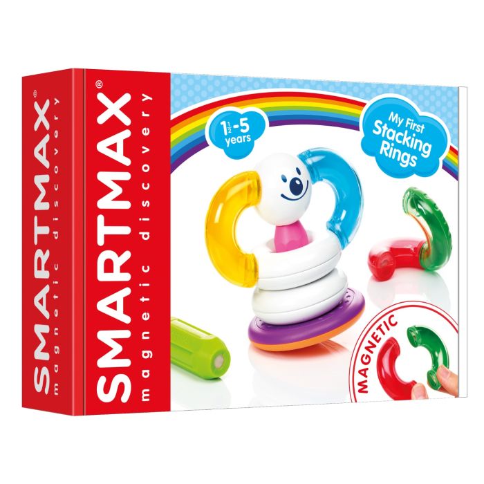 A box of baby stacking rings by SmartMax for ages 1-5, featuring colorful, interlocking rings and a smiling face.