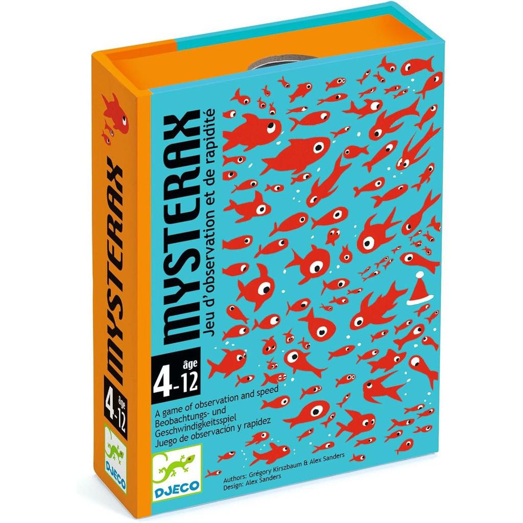 Mysterax a small game by Djeco of observation and speed. A teal box with several orange fish covering it
