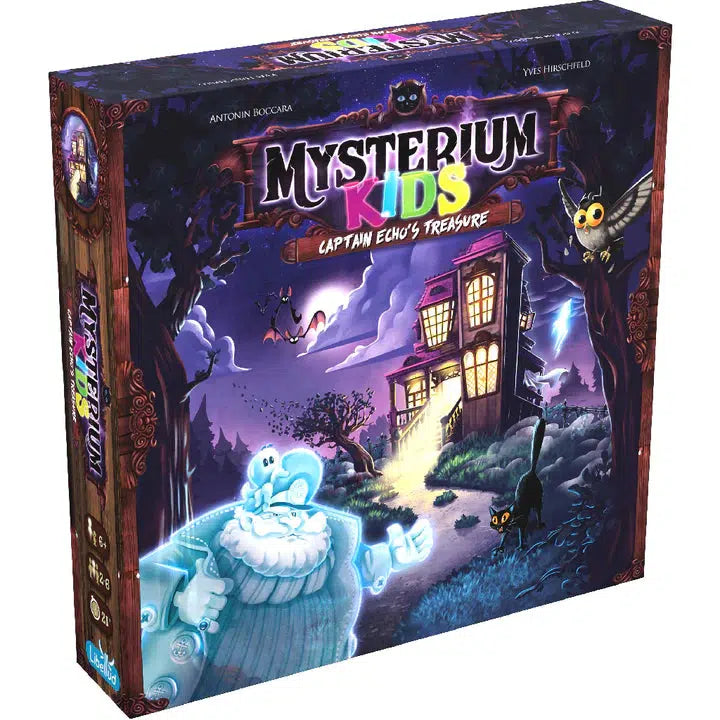 A board game box titled "Mysterium Kids: Captain Echo's Treasure," featuring a ghost and a haunted old mansion with an owl and mysterious atmosphere.