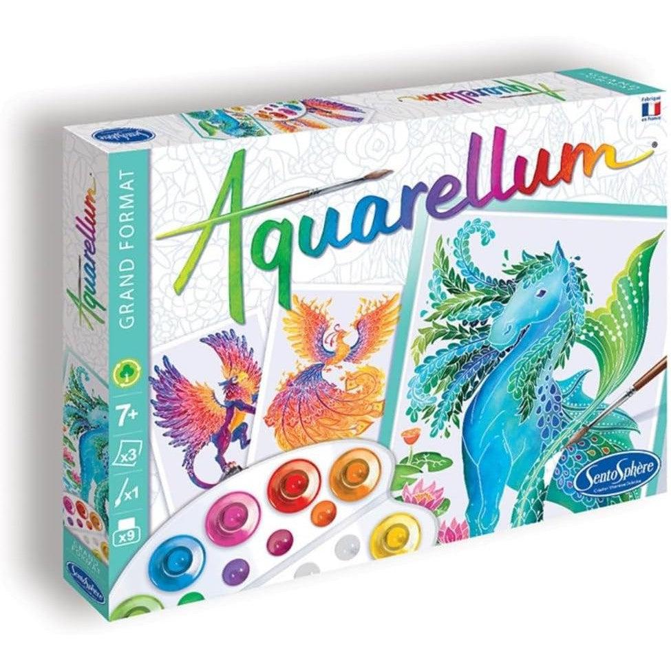 The Aquarellum art set box features illustrated mythical animals and vibrant paint pots, perfect for inspiring creativity. This watercolor painting kit is suitable for ages 7 and up.