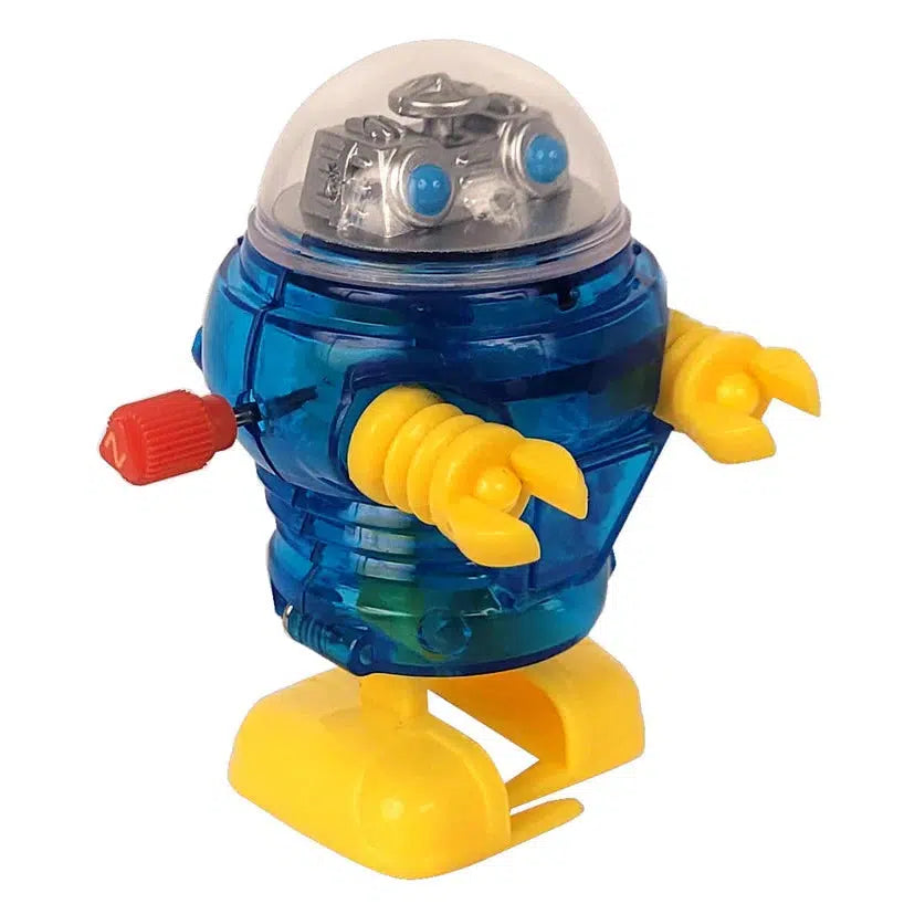 A small, blue and yellow Z WindUps Robot with a clear dome head and claw-like hands, this delightful wind-up toy named Neutron brings playful charm to any collection.