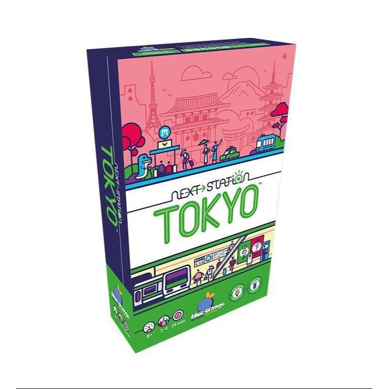 The box of the board game "Next Station: Tokyo" features colorful illustrations of Tokyo landmarks and symbols, capturing the vibrant spirit of the Tokyo subway network.