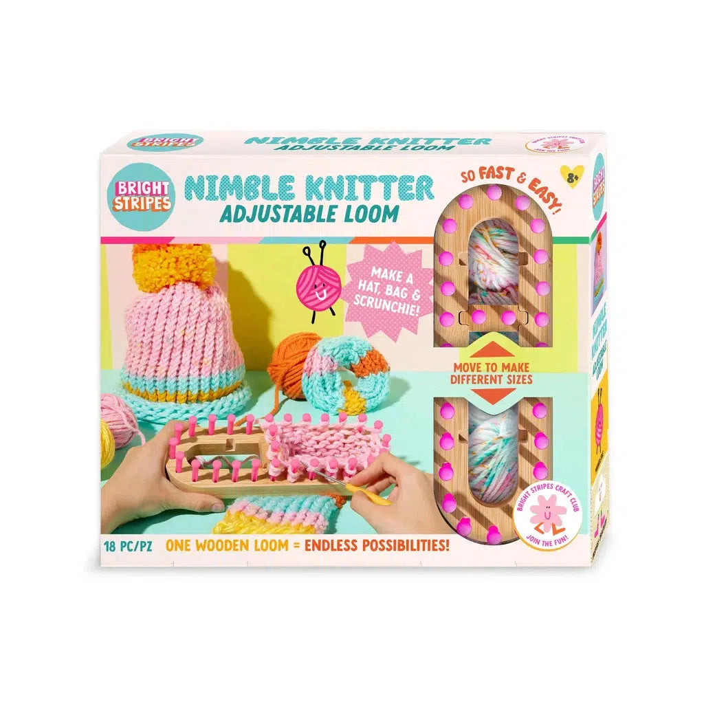 The Bright Stripes Nimble Knitter Adjustable Loom kit comes with vibrant yarn and creative examples like a hat, bag, and scrunchie. The box includes essential knitting tools and clear instructions for endless fun with your loom.