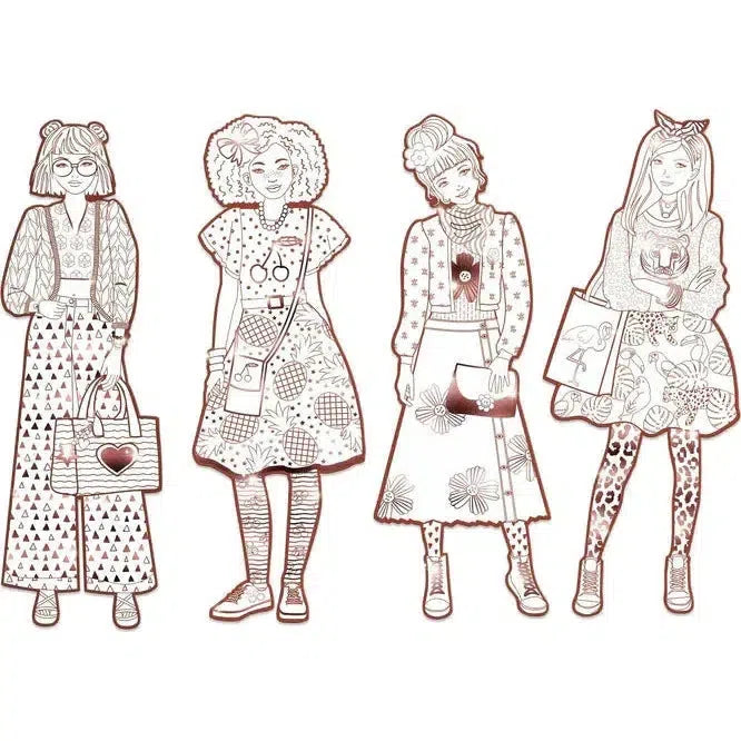 Four illustrated female characters in colorful outfits, each with unique patterns and metallic accents, stand in a row, exuding style and individuality.