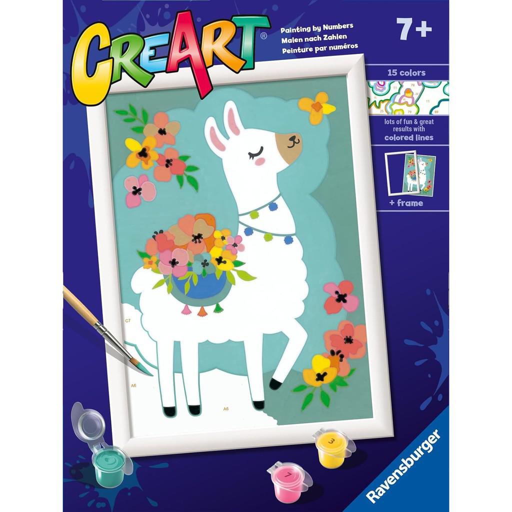 Ravensburger CreArt Paint by Numbers Kit featuring a llama adorned with vibrant flowers and decorations, perfect for ages 7 and up. This delightful painting arts and crafts set includes 15 colors and a frame, offering endless creative fun.