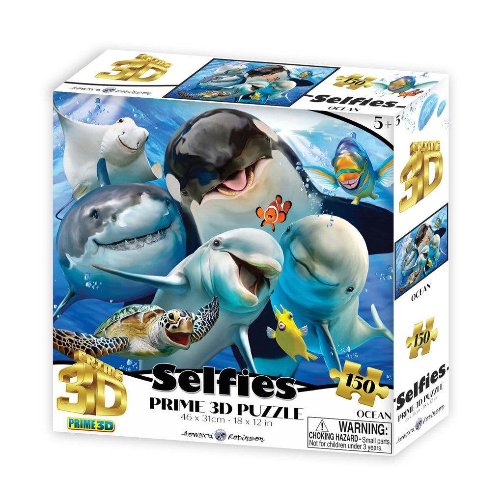 This 150-piece 3D jigsaw puzzle, crafted by Prime 3D Ltd and labeled "Ocean Selfie," showcases cartoon ocean animals like sharks and a whale. 