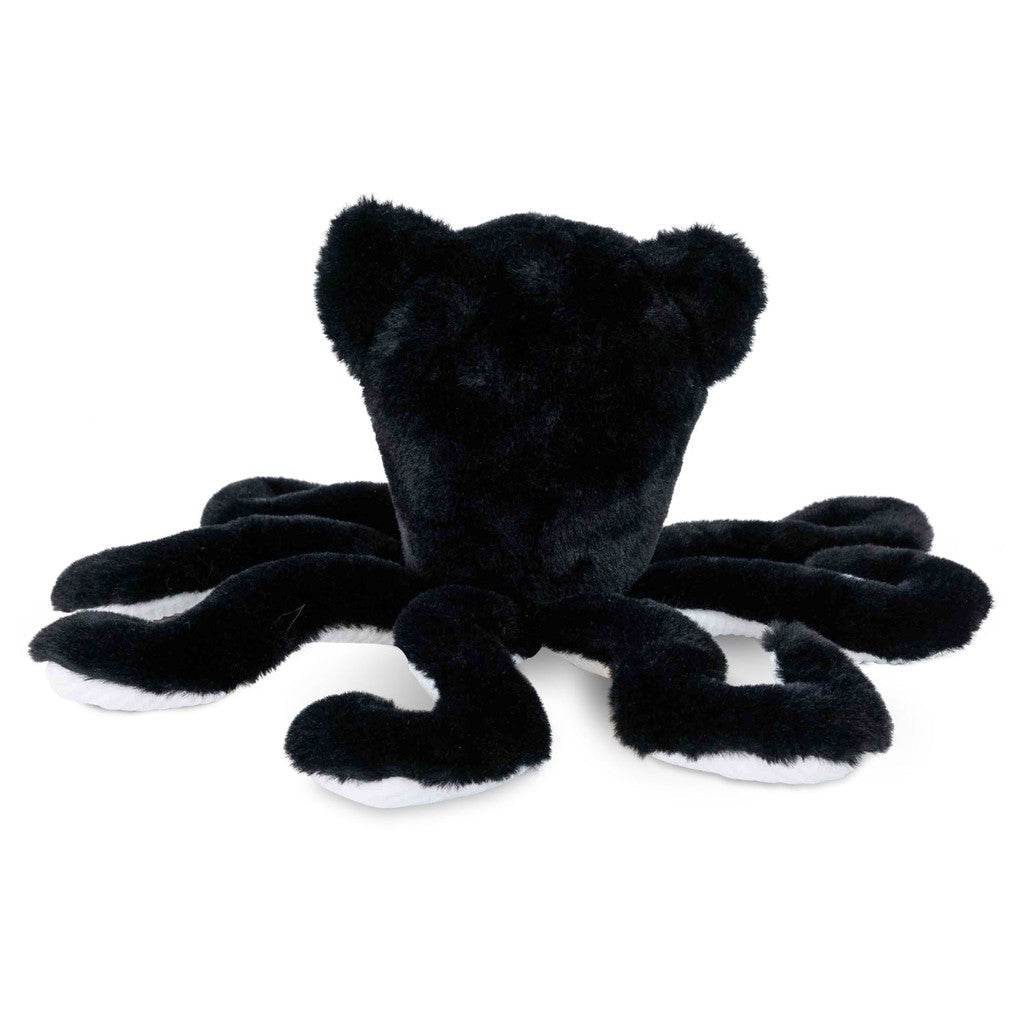 A black plush octopus toy, part of the Randimals collection, features eight curved tentacles and small ears. Displayed on a plain background, this unique toy celebrates inclusivity and diversity through its playful design.