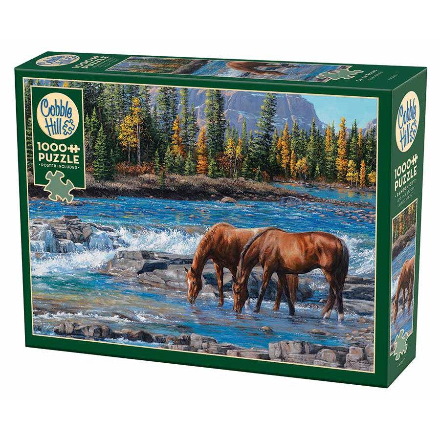 1000 pc puzzle of two horses drinking from a flowing river next to a forest