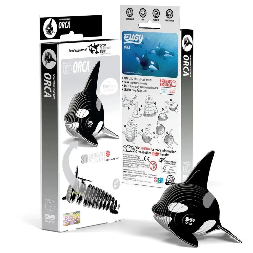 The packaging of the eco-friendly 3D cardboard model kit of an orca features the assembled model and easy-to-follow assembly instructions. This 3D puzzle is perfect for introducing STEM concepts and is suitable for ages 6 and up.