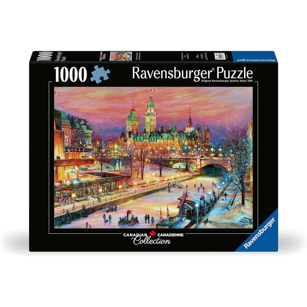 This Ravensburger jigsaw puzzle features a vibrant winter cityscape of the Ottawa Winterlude Festival, where people joyously skate on a frozen river beneath twinkling lights.